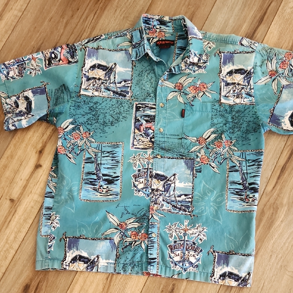 Sportif USA VTG Men's Teal Nautical Key West Salvage Print Shirt Size L